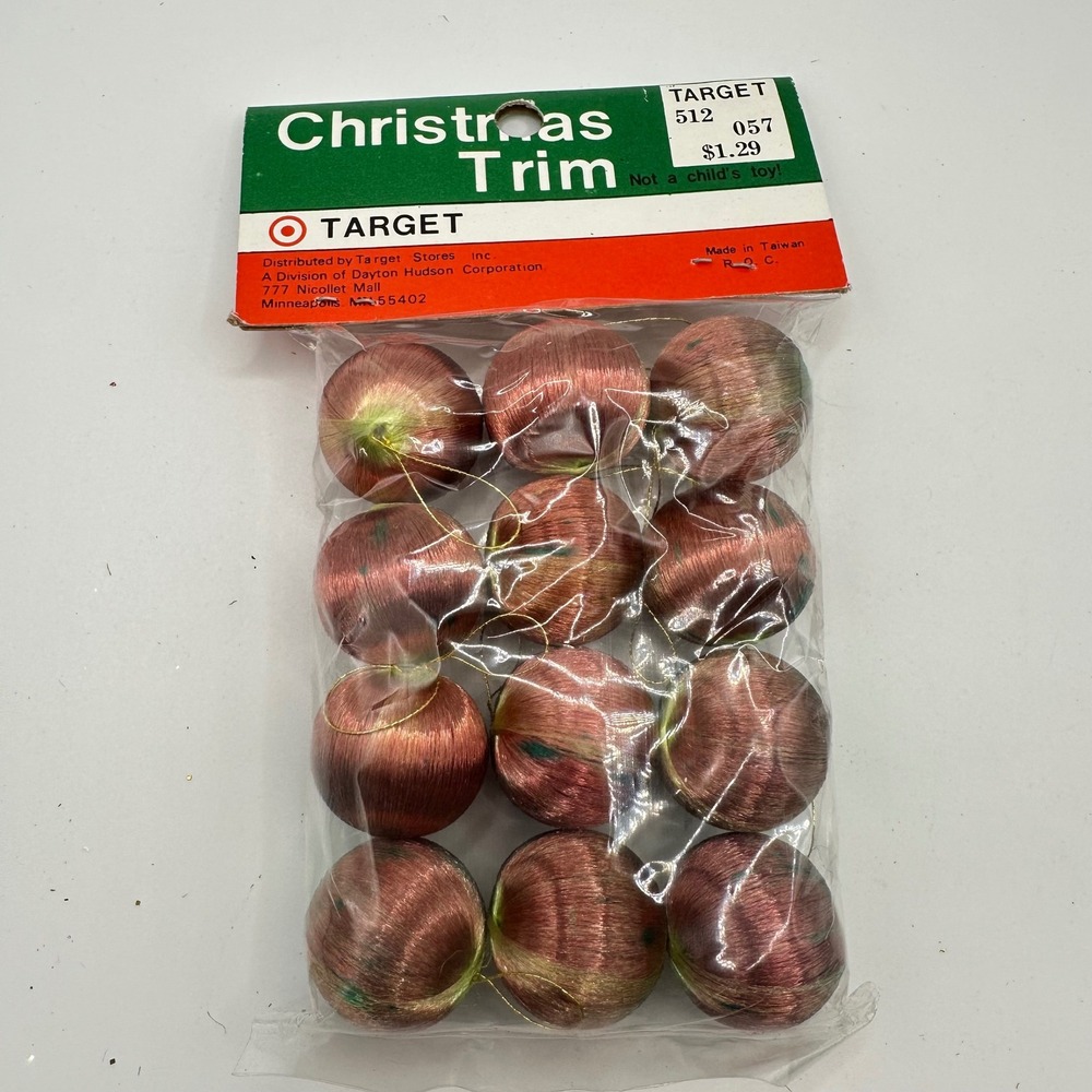 VTG Mini Target Christmas Trim Satin Silk Thread Ball Ornaments Set of 12 Copper